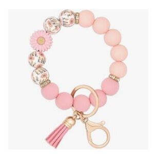 Pink Beaded Keychain Bracelet with Tassel